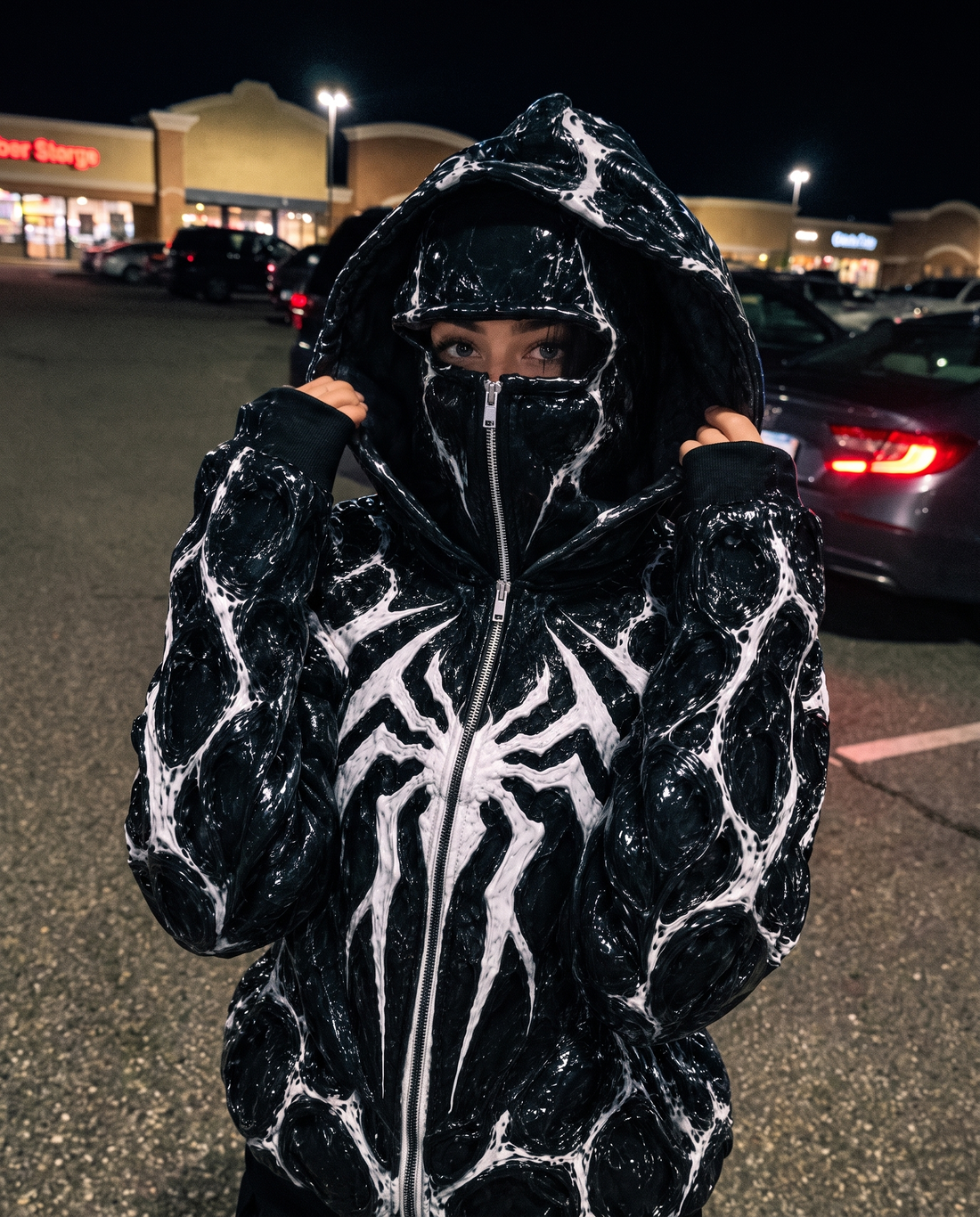 ZIPFACE hoodie worn at night in Black Gloss